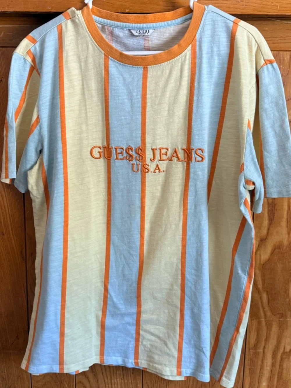 Guess Striped Short-Sleeve Tee in Orange, Light Blue & Cream - Picture 1 of 11